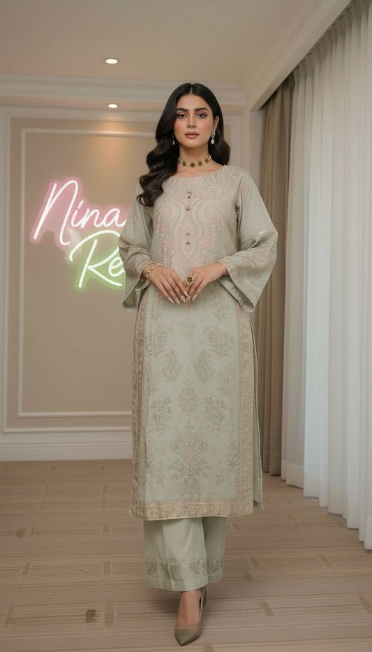 Mint Pearl Tussar Silk Ready to Wear 2 Pcs Dress