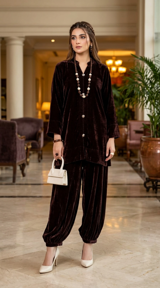 Mia Brown Velvet Co ord Set with Ballon pants