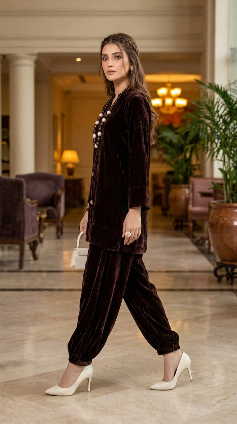 Mia Brown Velvet Co ord Set with Ballon pants