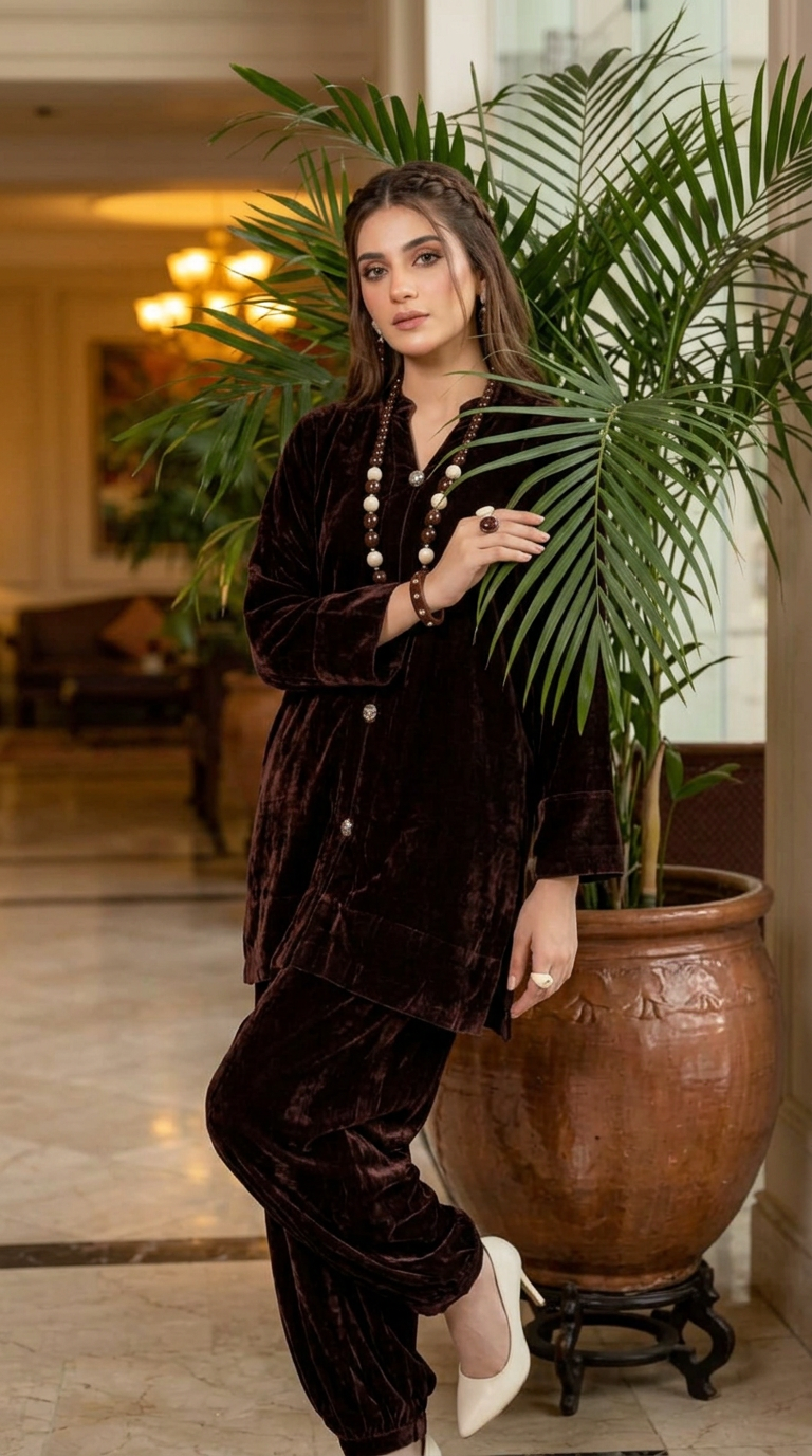 Mia Brown Velvet Co ord Set with Ballon pants