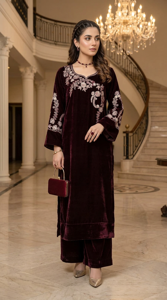 Khushbakt Maroon velvet Ready to Wear 2 Pcs Embroidered Dress