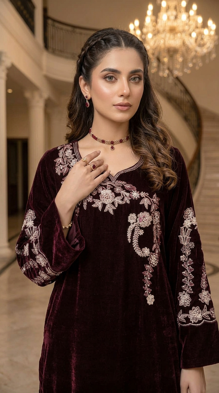 Khushbakt Maroon velvet Ready to Wear 2 Pcs Embroidered Dress