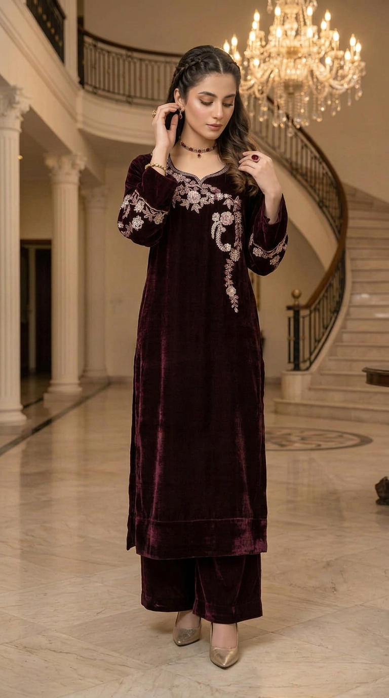 Khushbakt Maroon velvet Ready to Wear 2 Pcs Embroidered Dress