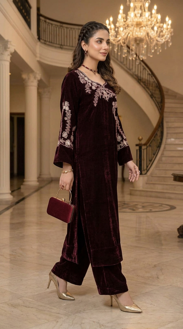 Khushbakt Maroon velvet Ready to Wear 2 Pcs Embroidered Dress