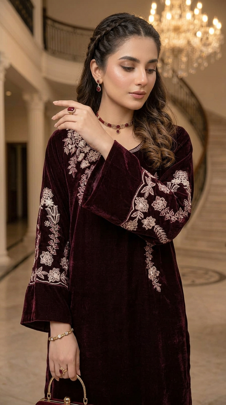 Khushbakt Maroon velvet Ready to Wear 2 Pcs Embroidered Dress