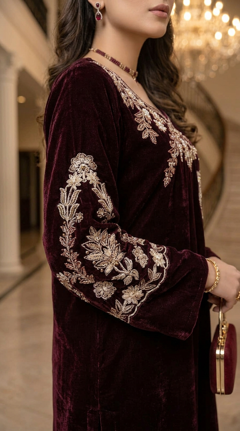 Khushbakt Maroon velvet Ready to Wear 2 Pcs Embroidered Dress