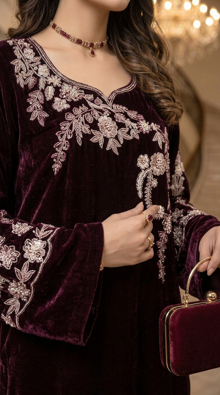 Khushbakt Maroon velvet Ready to Wear 2 Pcs Embroidered Dress