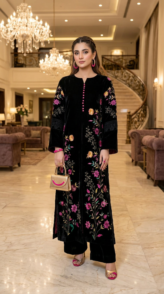 Black Garden Velvet Ready to Wear Embroidered 2 Pcs Dress