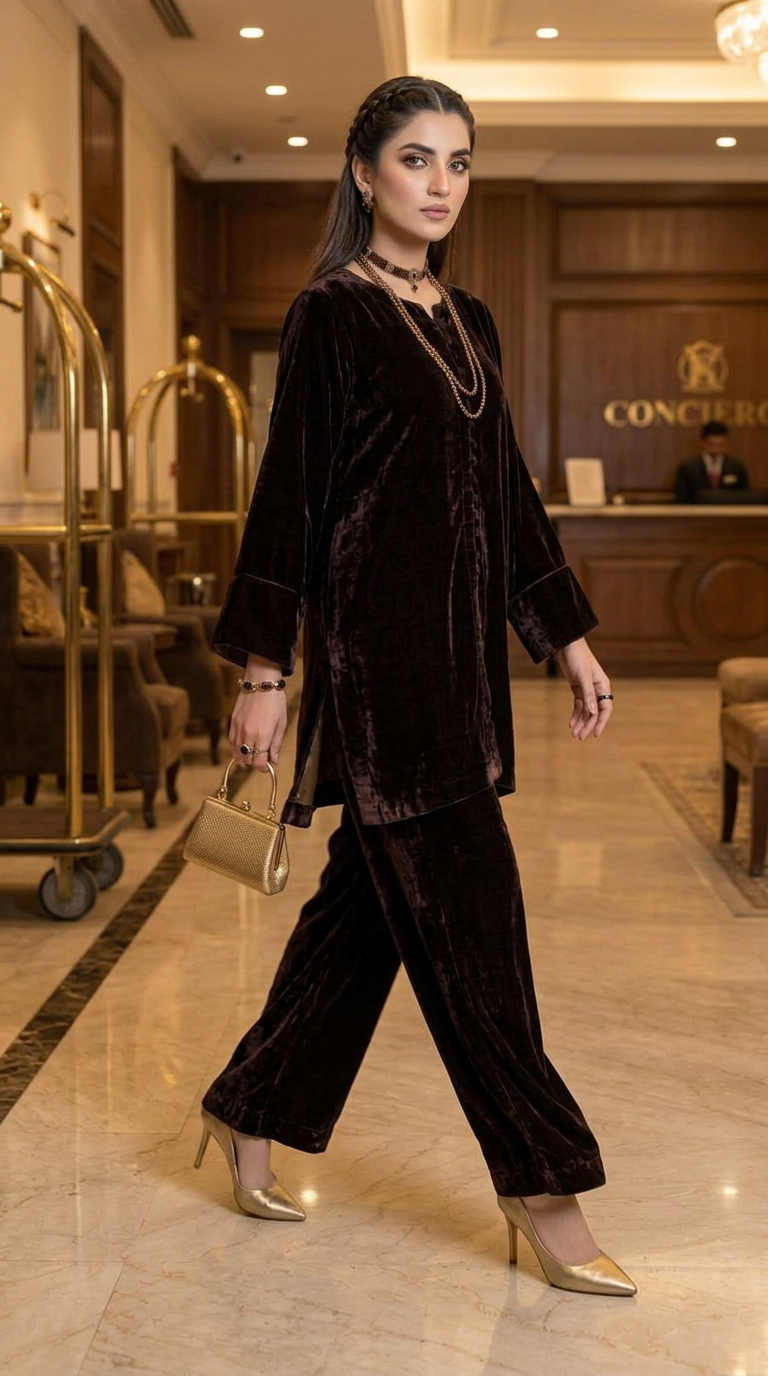 Sable Brown Ready to Wear 2 Pcs Velvet Co ord Set