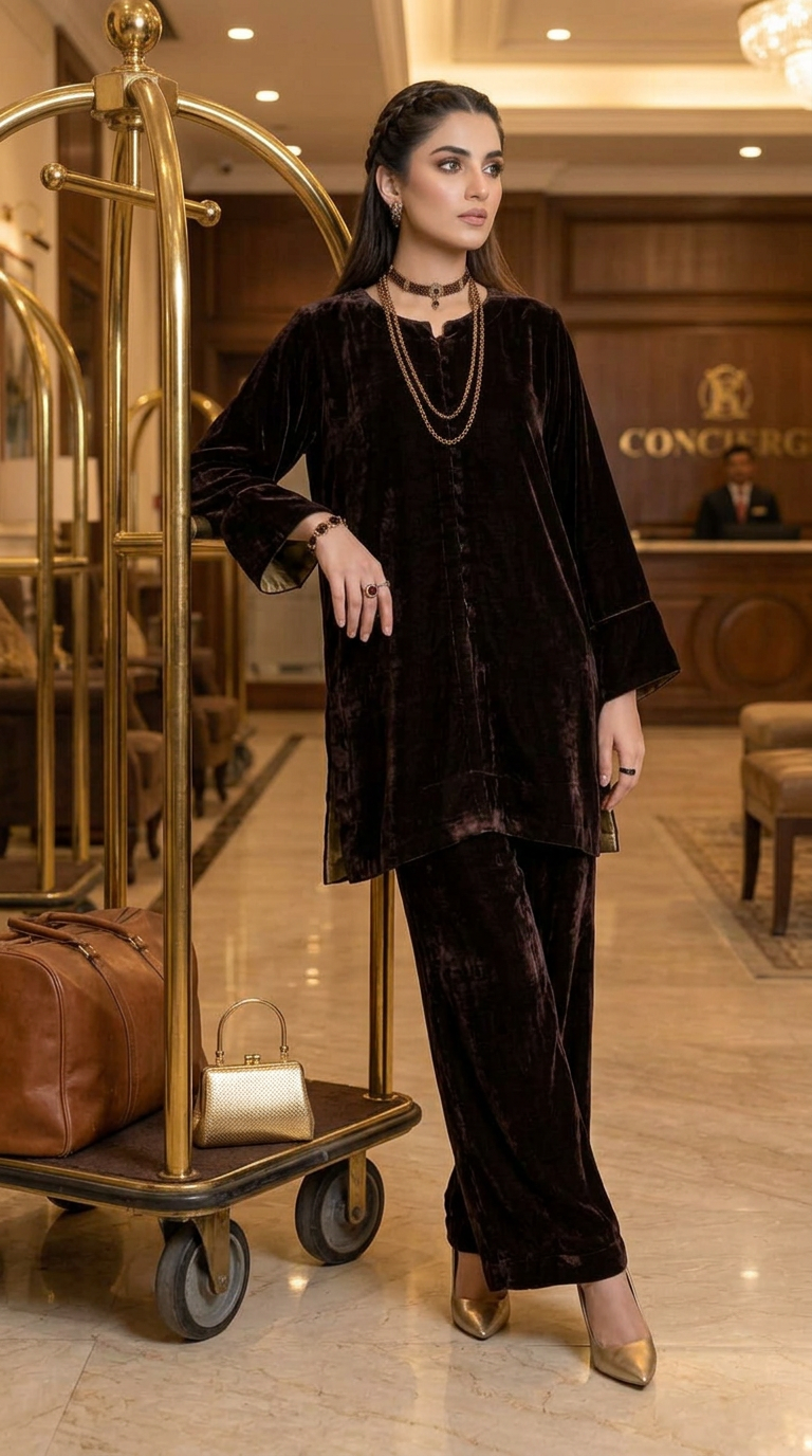 Sable Brown Ready to Wear 2 Pcs Velvet Co ord Set