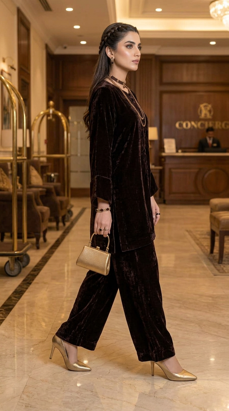 Sable Brown Ready to Wear 2 Pcs Velvet Co ord Set