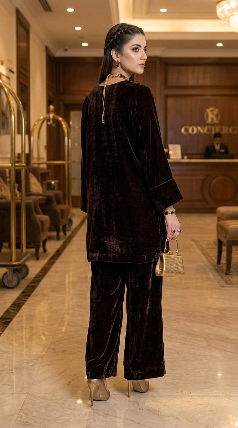 Sable Brown Ready to Wear 2 Pcs Velvet Co ord Set