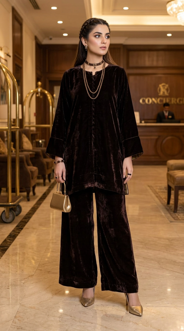 Sable Brown Ready to Wear 2 Pcs Velvet Co ord Set