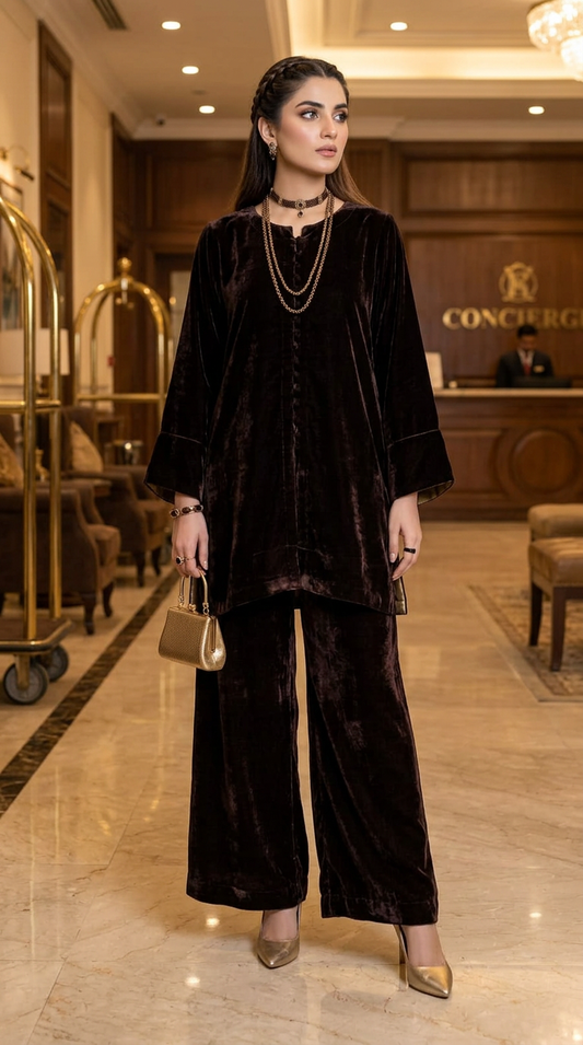 Sable Brown Ready to Wear 2 Pcs Velvet Co ord Set