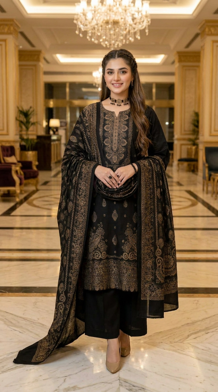 Siyara Black Pashmina Ready to Wear 3 Pcs Dress