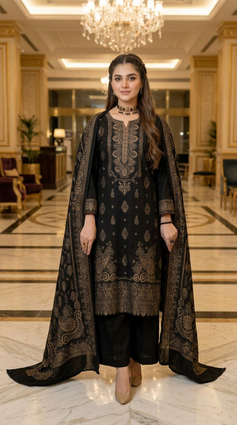 Siyara Black Pashmina Ready to Wear 3 Pcs Dress