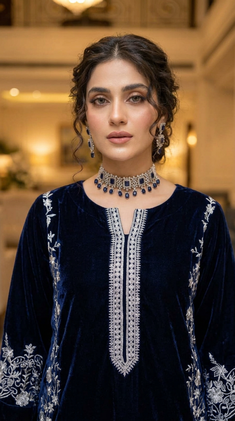 Sahar Navy Velvet fully Embroidered 2 Pcs Dress