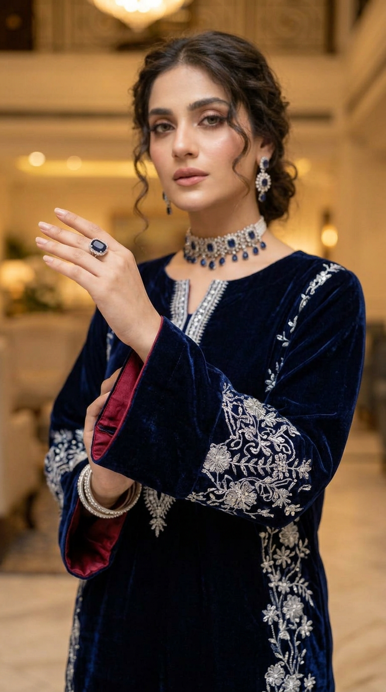 Sahar Navy Velvet fully Embroidered 2 Pcs Dress