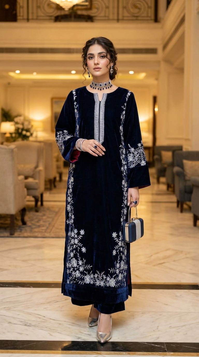 Sahar Navy Velvet fully Embroidered 2 Pcs Dress