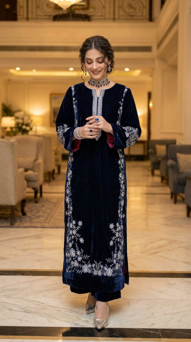 Sahar Navy Velvet fully Embroidered 2 Pcs Dress