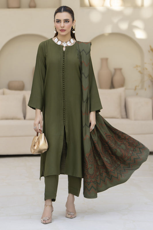 Green Pashmina Shawl Ready to Wear 3 Pcs Dress