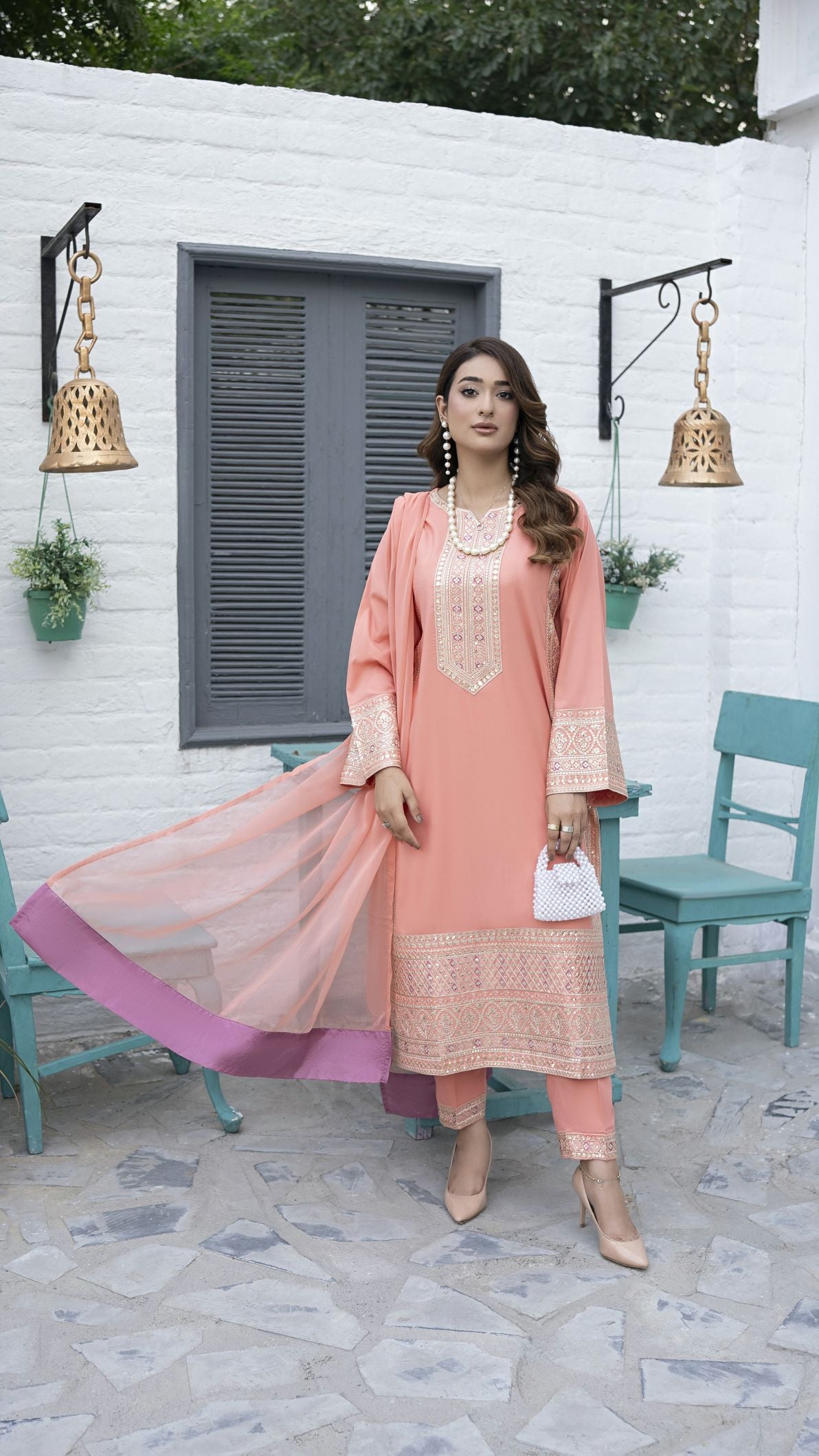 Pretty Peach Ready to Wear 3 Pcs Embroidered Dress