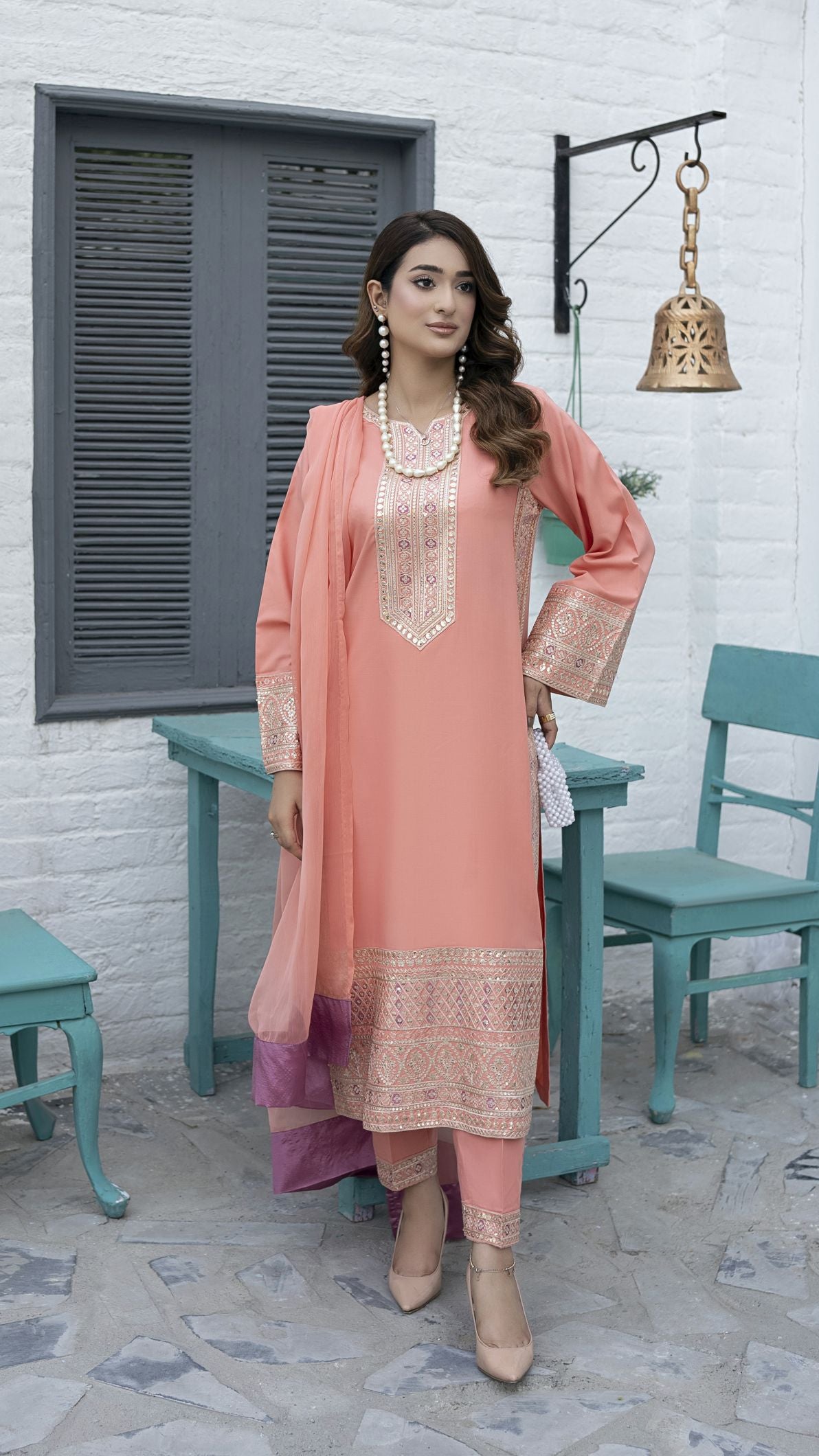 Pretty Peach Ready to Wear 3 Pcs Embroidered Dress