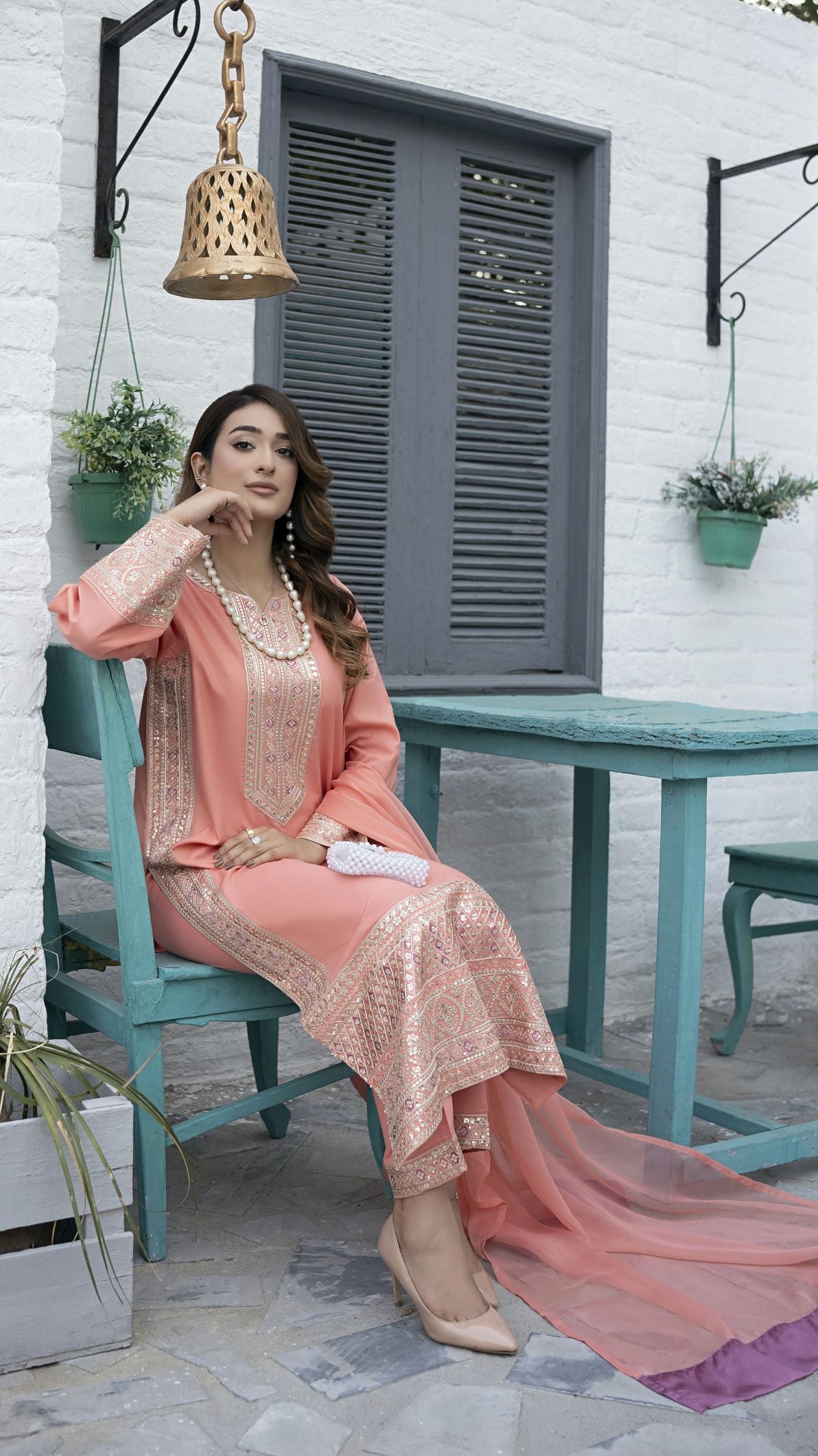 Pretty Peach Ready to Wear 3 Pcs Embroidered Dress