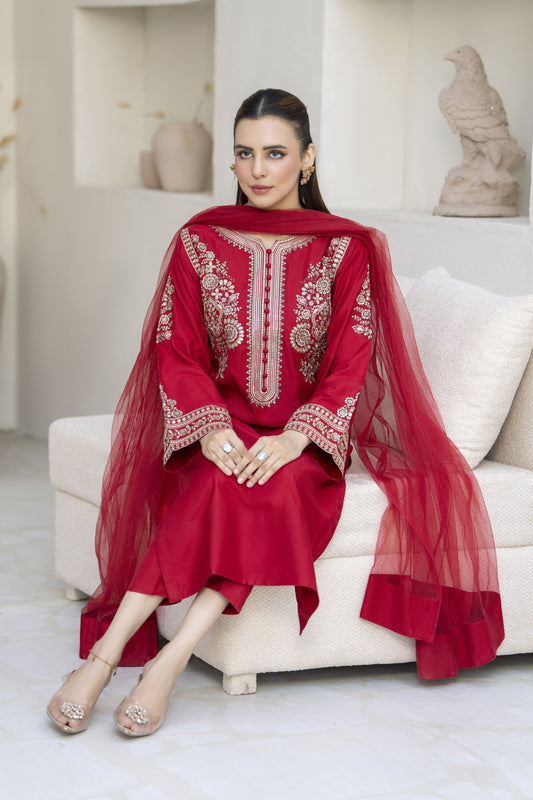 Rangeen Ready to Wear 3 Pcs Raw Silk Embroidered Dress