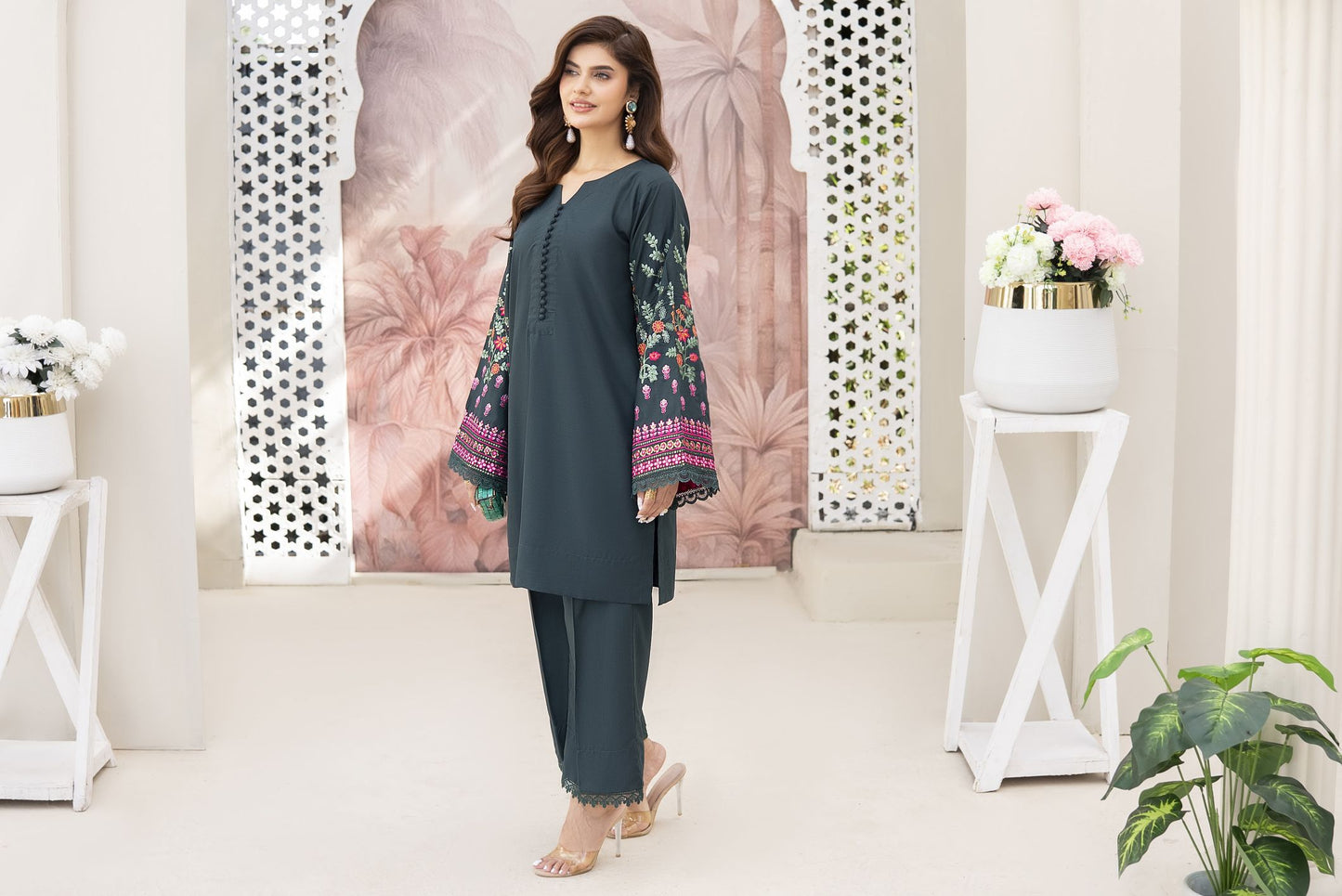 Green Forest Ready to Wear 2 Pcs Embroidered Dress