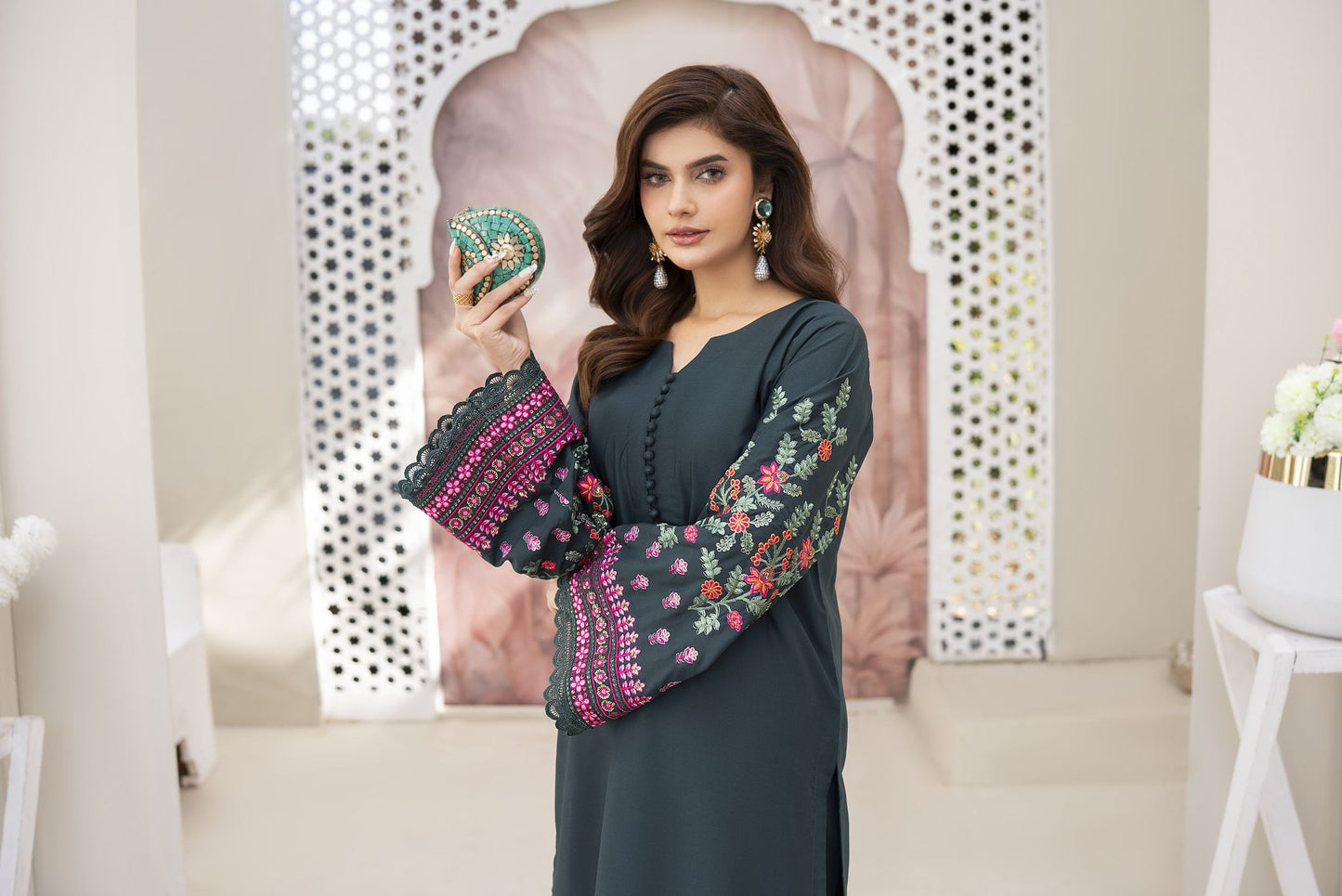 Green Forest Ready to Wear 2 Pcs Embroidered Dress
