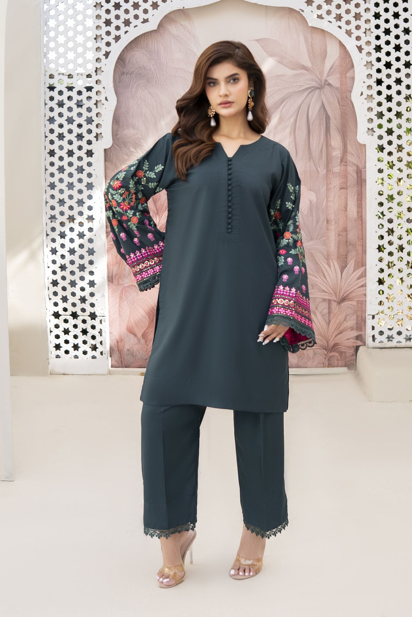 Green Forest Ready to Wear 2 Pcs Embroidered Dress