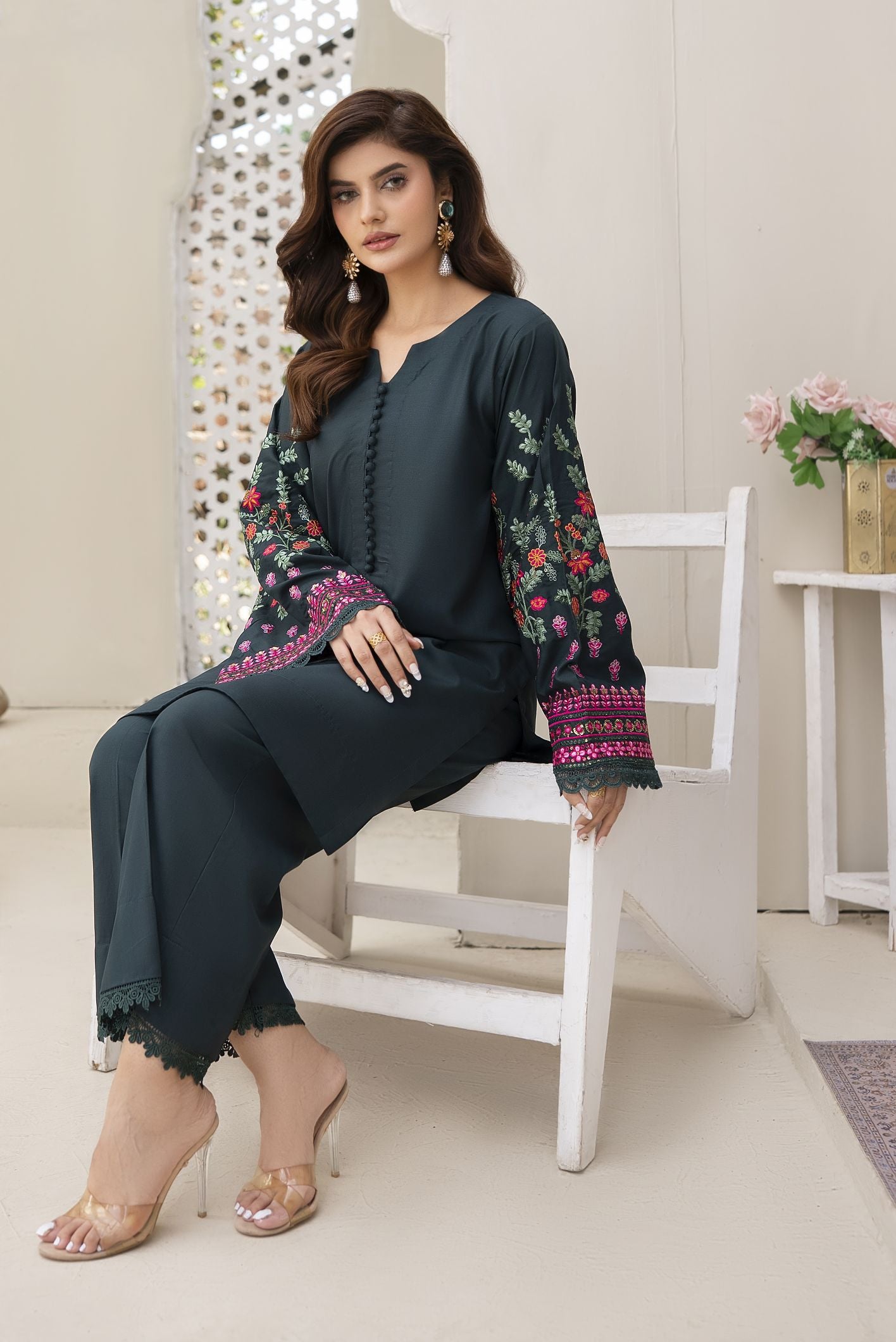 Green Forest Ready to Wear 2 Pcs Embroidered Dress